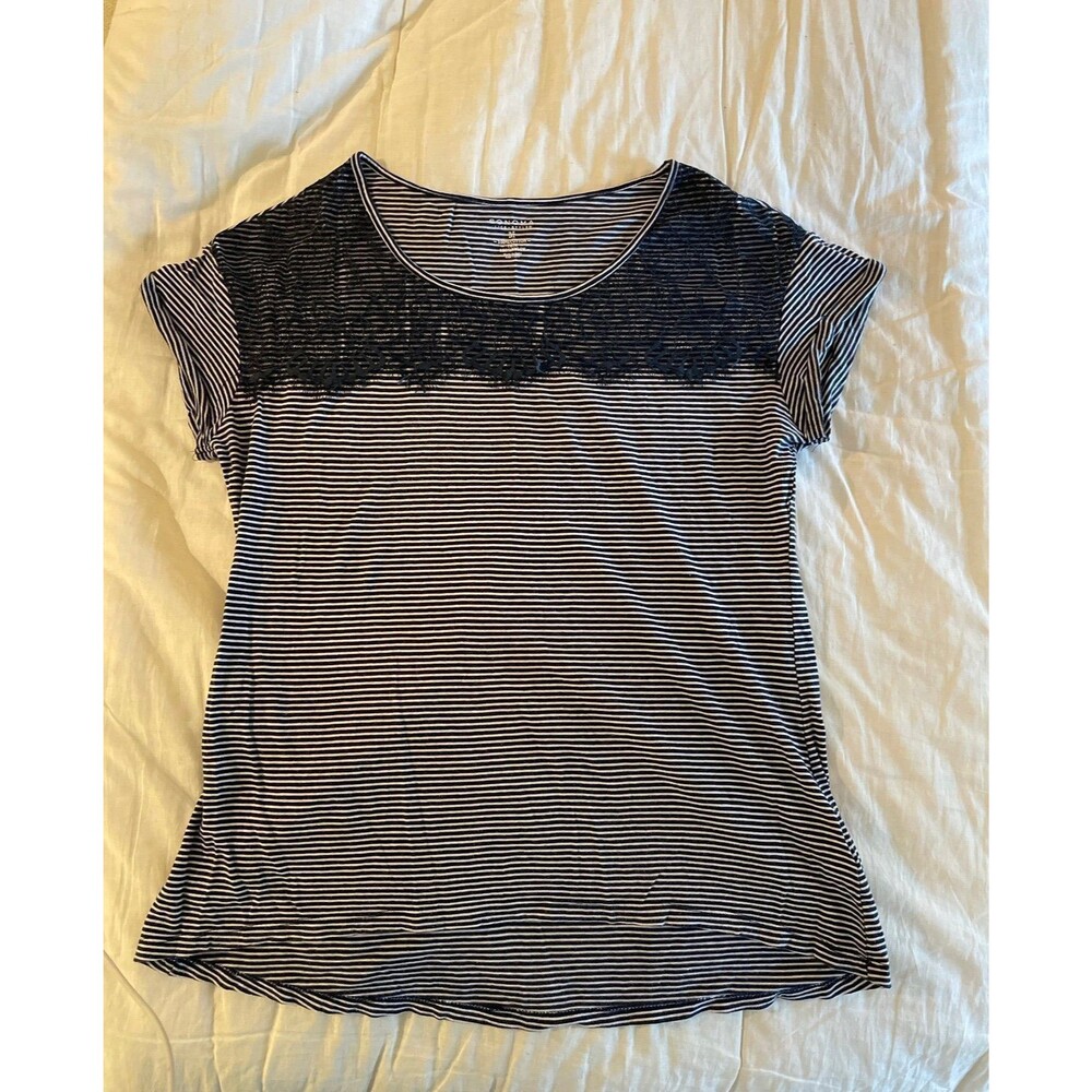 Women’s cotton short sleeve top size medium lace nautical blue and white stripe
